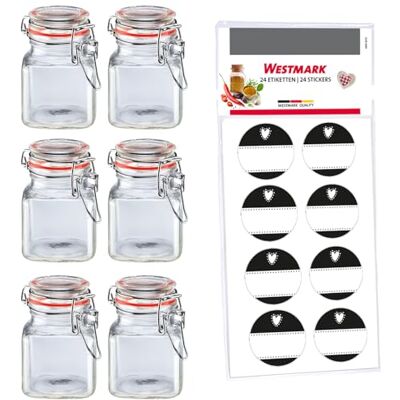 Westmark Drahtbügelgläser Set, 6 Stk. – Für Gewürze, Kräuter und Tees – Inklusive 8 Dekoetiketten – Transparent, 100 ml, Mit Drahtbügel Westmark Drahtbügelgläser Set, 6 Stk. – Für Gewürze, Kräuter und Tees – Inklusive 8 Dekoetiketten – Transparent, 100 ml, Mit Drahtbügel