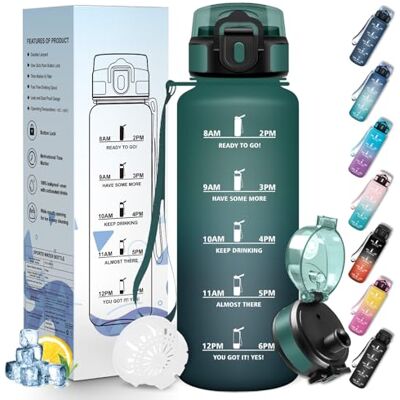 Mulbijeo Trinkflasche Sport, Auslaufsicher 1500 ML, Wasserflasche, Zeitmarkierung und Motivierende, Trinkflasche Kohlensäure Geeignet Dunkelgrün & Dunkelgrau Mulbijeo Trinkflasche Sport, Auslaufsicher 1500 ML, Wasserflasche, Zeitmarkierung und Motivierende, Trinkflasche Kohlensäure Geeignet Dunkelgrün & Dunkelgrau