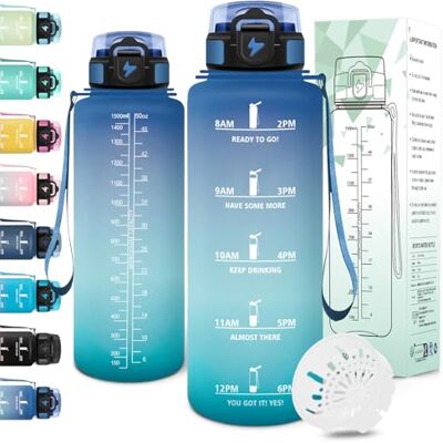 Motswedi Trinkflasche Sport, 1500ml BPA-Frei, Trinkflasche Kohlensäure Geeignet, Auslaufsicher, Wasserflasche, Mit Zeitstempel, Flasche, Sportflasche, für Yoga, Fahrrad, Fitness, Blaugrü Motswedi Trinkflasche Sport, 1500ml BPA-Frei, Trinkflasche Kohlensäure Geeignet, Auslaufsicher, Wasserflasche, Mit Zeitstempel, Flasche, Sportflasche, für Yoga, Fahrrad, Fitness, Blaugrü