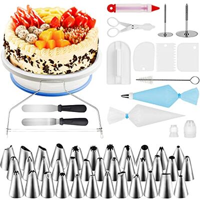 WisFox 152-teiliges Kuchendekorationszubehör, professionelles Cupcake-Backzubehör-Set mit Drehteller-Ständer, 100 Spritzbeutel, 36 Düsen, 2 Spatel, 3 Zuckerguss-Glätter, 2 Blumennägel, 2 Mundadapter WisFox 152-teiliges Kuchendekorationszubehör, professionelles Cupcake-Backzubehör-Set mit Drehteller-Ständer, 100 Spritzbeutel, 36 Düsen, 2 Spatel, 3 Zuckerguss-Glätter, 2 Blumennägel, 2 Mundadapter