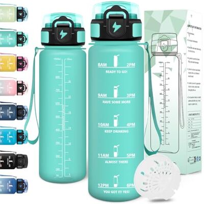 Motswedi Trinkflasche Sport, 1000ml BPA-Frei, Trinkflasche Kohlensäure Geeignet, Auslaufsicher, Wasserflasche, Mit Zeitstempel, Flasche, Sportflasche, für Yoga, Fahrrad, Fitness, Blaugrün-3245C Motswedi Trinkflasche Sport, 1000ml BPA-Frei, Trinkflasche Kohlensäure Geeignet, Auslaufsicher, Wasserflasche, Mit Zeitstempel, Flasche, Sportflasche, für Yoga, Fahrrad, Fitness, Blaugrün-3245C
