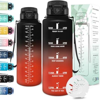 Motswedi Trinkflasche Sport, 1500ml BPA-Frei, Trinkflasche Kohlensäure Geeignet, Auslaufsicher, Wasserflasche, Mit Zeitstempel, Flasche, Sportflasche, für Yoga, Fahrrad, Fitness, Schwarzrot Motswedi Trinkflasche Sport, 1500ml BPA-Frei, Trinkflasche Kohlensäure Geeignet, Auslaufsicher, Wasserflasche, Mit Zeitstempel, Flasche, Sportflasche, für Yoga, Fahrrad, Fitness, Schwarzrot