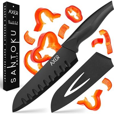 Axer Santoku Messer 18 cm Klingenlänge großes Japanisches Küchenmesser scharfe Klinge Edelstahl Küchenmesser mit Schutzhülle ideales Geburtstagsgeschenk für Männer Santoku Knife – Schwarz Axer Santoku Messer 18 cm Klingenlänge großes Japanisches Küchenmesser scharfe Klinge Edelstahl Küchenmesser mit Schutzhülle ideales Geburtstagsgeschenk für Männer Santoku Knife – Schwarz