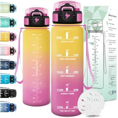 Motswedi Trinkflasche Sport, 1000ml BPA-Frei, Trinkflasche Kohlensäure Geeignet, Auslaufsicher, Wasserflasche, Mit Zeitstempel, Flasche, Sportflasche, für Yoga, Schule, Fahrrad, Fitness, Gelbrosa Motswedi Trinkflasche Sport, 1000ml BPA-Frei, Trinkflasche Kohlensäure Geeignet, Auslaufsicher, Wasserflasche, Mit Zeitstempel, Flasche, Sportflasche, für Yoga, Schule, Fahrrad, Fitness, Gelbrosa