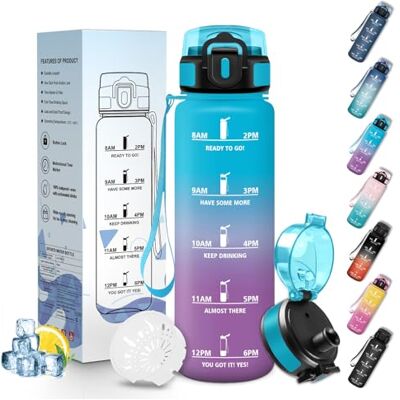 Mulbijeo Trinkflasche Sport, Auslaufsicher 500 ML, Wasserflasche, Zeitmarkierung und Motivierende, Trinkflasche Kohlensäure Geeignet Blau & Lila Mulbijeo Trinkflasche Sport, Auslaufsicher 500 ML, Wasserflasche, Zeitmarkierung und Motivierende, Trinkflasche Kohlensäure Geeignet Blau & Lila
