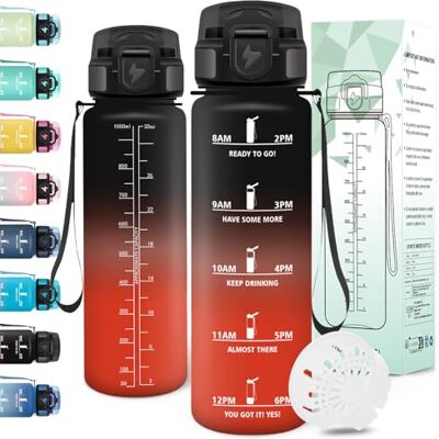 Motswedi Trinkflasche Sport, 1000ml BPA-Frei, Trinkflasche Kohlensäure Geeignet, Auslaufsicher, Wasserflasche, Mit Zeitstempel, Flasche, Sportflasche, für Yoga, Schule, Fahrrad, Fitness, Schwarzrot Motswedi Trinkflasche Sport, 1000ml BPA-Frei, Trinkflasche Kohlensäure Geeignet, Auslaufsicher, Wasserflasche, Mit Zeitstempel, Flasche, Sportflasche, für Yoga, Schule, Fahrrad, Fitness, Schwarzrot