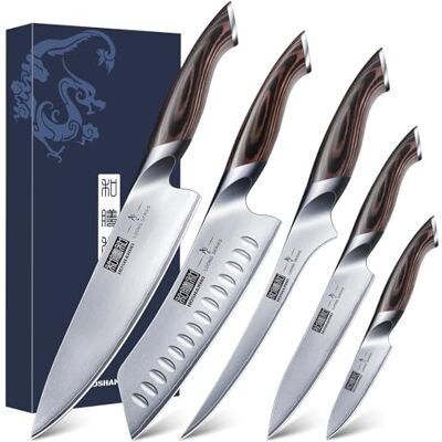 HOSHANHO Messerset 5 Teilig, Rostfreier Stahl mit Hohem Kohlenstoff Küchenmessersets, Professionelles Set Ultrascharfer Kochmesser mit Ergonomischem Pakkaholzgriff HOSHANHO Messerset 5 Teilig, Rostfreier Stahl mit Hohem Kohlenstoff Küchenmessersets, Professionelles Set Ultrascharfer Kochmesser mit Ergonomischem Pakkaholzgriff