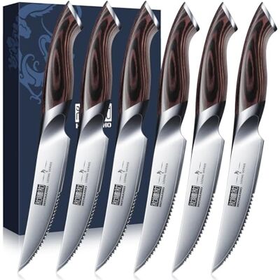 HOSHANHO Steakmesser 6-Teilig Set, Hochwertige Edelstahl Küchen Steakbesteck, Scharfe Gezahnte Steak Messerset mit Ergonomischem Griff HOSHANHO Steakmesser 6-Teilig Set, Hochwertige Edelstahl Küchen Steakbesteck, Scharfe Gezahnte Steak Messerset mit Ergonomischem Griff