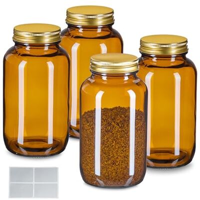 Relaxdays Braungläser, 4er Set, 400 ml, mit Deckel & Etiketten, Kräutergläser Medizin, Gewürze, Vorratsdosen, braun/Gold Relaxdays Braungläser, 4er Set, 400 ml, mit Deckel & Etiketten, Kräutergläser Medizin, Gewürze, Vorratsdosen, braun/Gold