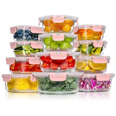 YASHE Glasbehälter mit Deckel, 12 Teile Stapelbar & Luftdicht Meal Prep Boxen Glas für Spülmaschine, Mikrowelle & Gefrierschrank, Auslaufsicher, BPA-Frei, Rosa YASHE Glasbehälter mit Deckel, 12 Teile Stapelbar & Luftdicht Meal Prep Boxen Glas für Spülmaschine, Mikrowelle & Gefrierschrank, Auslaufsicher, BPA-Frei, Rosa