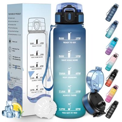 Mulbijeo Trinkflasche Sport, Auslaufsicher 1000 ML, Wasserflasche, Zeitmarkierung und Motivierende, Trinkflasche Kohlensäure Geeignet Blau & Grün Mulbijeo Trinkflasche Sport, Auslaufsicher 1000 ML, Wasserflasche, Zeitmarkierung und Motivierende, Trinkflasche Kohlensäure Geeignet Blau & Grün