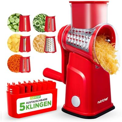 Nutrichef Käsereibe mit Kurbel Gemüsereibe inkl. 5 Trommelblättern Ideal für Käse Gurken Karotten hausgemachte Pommes Starker Saugfuß, Rot, 9.45 Nutrichef Käsereibe mit Kurbel Gemüsereibe inkl. 5 Trommelblättern Ideal für Käse Gurken Karotten hausgemachte Pommes Starker Saugfuß, Rot, 9.45
