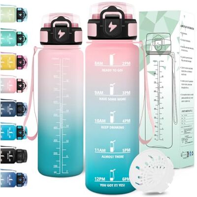 Motswedi Trinkflasche Sport, 1000ml BPA-Frei, Trinkflasche Kohlensäure Geeignet, Auslaufsicher, Wasserflasche, Mit Zeitstempel, Flasche, Sportflasche, für Yoga, Schule, Fahrrad, Fitness, Rosagrün Motswedi Trinkflasche Sport, 1000ml BPA-Frei, Trinkflasche Kohlensäure Geeignet, Auslaufsicher, Wasserflasche, Mit Zeitstempel, Flasche, Sportflasche, für Yoga, Schule, Fahrrad, Fitness, Rosagrün