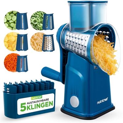 Nutrichef Trommelreibe mit Kurbel Käsereibe inkl. 5 Trommelblättern Ideal für Käse Gurken Karotten hausgemachte Pommes Starker Saugfuß, Blau, 9.45 Nutrichef Trommelreibe mit Kurbel Käsereibe inkl. 5 Trommelblättern Ideal für Käse Gurken Karotten hausgemachte Pommes Starker Saugfuß, Blau, 9.45