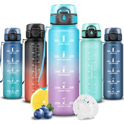 Grsta Trinkflasche Sport, Wasserflasche 1l, Trinkflasche Auslaufsicher, Flasche mit Zeitmarkierung, Wasserflasche Kohlensäure Geeignet, Leicht zu Tragen und zu Reinigen, für Fitness, Schule, Running, Büro Grsta Trinkflasche Sport, Wasserflasche 1l, Trinkflasche Auslaufsicher, Flasche mit Zeitmarkierung, Wasserflasche Kohlensäure Geeignet, Leicht zu Tragen und zu Reinigen, für Fitness, Schule, Running, Büro