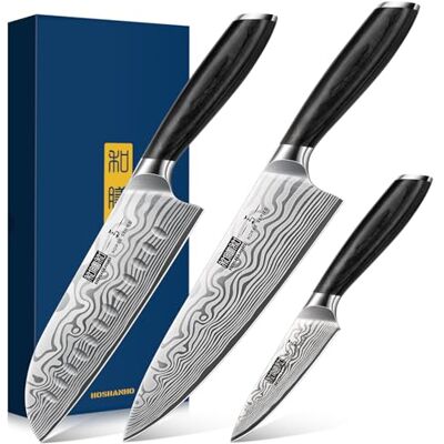 HOSHANHO 3-teiliges Messerset, Professionelles Küchenmesserset aus Pulverisiertem Kohlenstoffstahl, Ultrascharfe Messer für Die Küche mit Eleganter Geschenkbox HOSHANHO 3-teiliges Messerset, Professionelles Küchenmesserset aus Pulverisiertem Kohlenstoffstahl, Ultrascharfe Messer für Die Küche mit Eleganter Geschenkbox