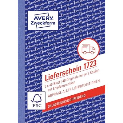 Avery 1723 Lieferschein mit Empfangsschein (A6, 3x40 Blatt, selbstdurchschreibend mit farbigen Durchschlägen, zur Abfrage aller Lieferpositionen) weiß/gelb/rosa Avery 1723 Lieferschein mit Empfangsschein (A6, 3x40 Blatt, selbstdurchschreibend mit farbigen Durchschlägen, zur Abfrage aller Lieferpositionen) weiß/gelb/rosa
