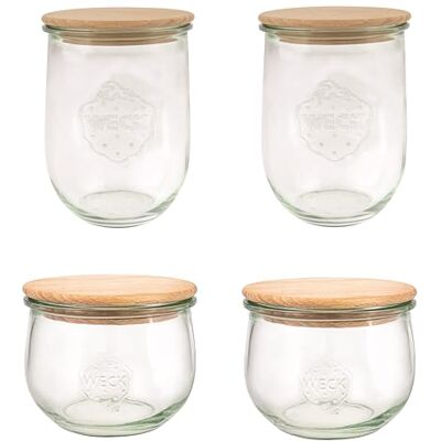 Weck Gläser Set Tulpenform (4 Einmachgläser, 2x 1000 ml, 2x 500 ml, mit Holzdeckel, zum Einmachen/Aufbewahren von Lebensmitteln) 79212, Klar Weck Gläser Set Tulpenform (4 Einmachgläser, 2x 1000 ml, 2x 500 ml, mit Holzdeckel, zum Einmachen/Aufbewahren von Lebensmitteln) 79212, Klar