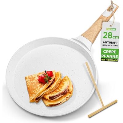 NutriChef Crepe Pfanne 28 cm Induktion Antihaft Weiß – Pfannkuchenpfanne Marmorbeschichtet Aluminium mit Holzspatel für Pancake Crepes PFOA Frei Leicht Reinigung, Alle Herdarten NutriChef Crepe Pfanne 28 cm Induktion Antihaft Weiß – Pfannkuchenpfanne Marmorbeschichtet Aluminium mit Holzspatel für Pancake Crepes PFOA Frei Leicht Reinigung, Alle Herdarten