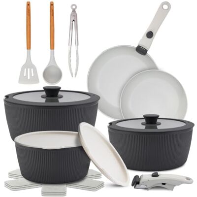 NutriChef Topfset 18 Teilig Keramik Grau mit Abnehmbaren Griffen Induktion Topf und Pfannenset Antihaft Platzsparend Stapelbar Ofenfest Alle Herdarten NutriChef Topfset 18 Teilig Keramik Grau mit Abnehmbaren Griffen Induktion Topf und Pfannenset Antihaft Platzsparend Stapelbar Ofenfest Alle Herdarten