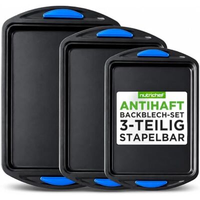 NutriChef Backblech Set 3-teilig – Antihaft Backformen aus Karbonstahl mit Silikongriffen, Grau Ofenfest bis 230 °C Frei von PFAS Auflaufform & Backblech für Cookies, Baguette, Kuchen NutriChef Backblech Set 3-teilig – Antihaft Backformen aus Karbonstahl mit Silikongriffen, Grau Ofenfest bis 230 °C Frei von PFAS Auflaufform & Backblech für Cookies, Baguette, Kuchen
