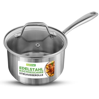 NutriChef Stielkasserolle, 16cm/2L, Antihaftbeschichtet mit Glasdeckel, für Induktion, Alle Herdarten, Kühlbleibender Griff, Soßentopf Spülmaschinenfest, für kleine Portionen, Singlehaushalt NutriChef Stielkasserolle, 16cm/2L, Antihaftbeschichtet mit Glasdeckel, für Induktion, Alle Herdarten, Kühlbleibender Griff, Soßentopf Spülmaschinenfest, für kleine Portionen, Singlehaushalt