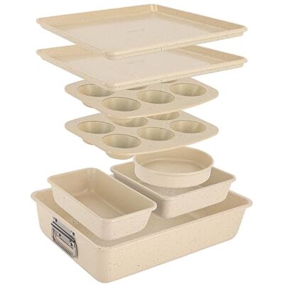 NutriChef 8-teiliges stapelbares Backformen-Set aus Karbonstahl Antihaft, PFOA- & PFOS-frei Ofenfest bis 232 °C Mit Backblech, Muffinform, runder, eckiger, Kasten- & tiefer Kuchenform Marmor-Crème NutriChef 8-teiliges stapelbares Backformen-Set aus Karbonstahl Antihaft, PFOA- & PFOS-frei Ofenfest bis 232 °C Mit Backblech, Muffinform, runder, eckiger, Kasten- & tiefer Kuchenform Marmor-Crème