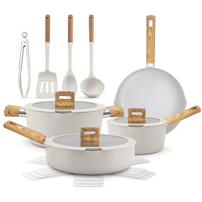 NutriChef Topfset Pfannenset Induktion, 14 Teilig, Beige – Keramik Antihaft Kochgeschirr mit Abnehmbaren Klappgriffen, Glasdeckeln, Platzsparender Aufbewahrung und Gleichmäßiger Wärmeverteilung NutriChef Topfset Pfannenset Induktion, 14 Teilig, Beige – Keramik Antihaft Kochgeschirr mit Abnehmbaren Klappgriffen, Glasdeckeln, Platzsparender Aufbewahrung und Gleichmäßiger Wärmeverteilung