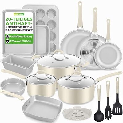 NutriChef Topf- & Pfannenset Induktion 20-teilig Weiß – Antihaft-Kochgeschirr mit Deckeln & Backformen in Braun PFOA-frei, für gesundes Kochen & Backen, Aluminium Töpfe & Pfannen, für alle Herdarten NutriChef Topf- & Pfannenset Induktion 20-teilig Weiß – Antihaft-Kochgeschirr mit Deckeln & Backformen in Braun PFOA-frei, für gesundes Kochen & Backen, Aluminium Töpfe & Pfannen, für alle Herdarten