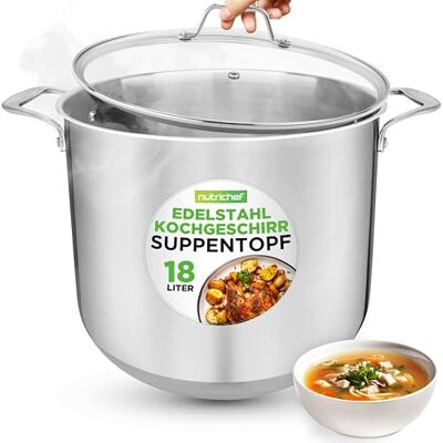 NutriChef Kochtopf, 18L- Ø-30cm, Suppentopf Edelstahl Induktion für Alle Herdarten Geeignet, Großraumtopf inkl. Glasdeckel, Hitzebeständig bis 260 °C, Spülmaschine & Backofengeeignet NutriChef Kochtopf, 18L- Ø-30cm, Suppentopf Edelstahl Induktion für Alle Herdarten Geeignet, Großraumtopf inkl. Glasdeckel, Hitzebeständig bis 260 °C, Spülmaschine & Backofengeeignet