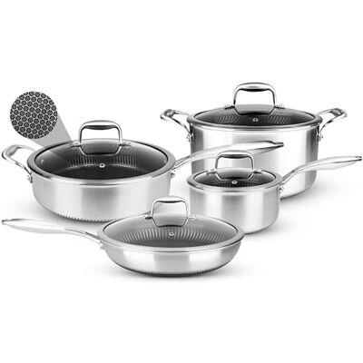 NutriChef Edelstahl Kochgeschirr Set 8-teilig – Triply Töpfe und Pfannen induktionsgeeignet Wabenstruktur, Kratzfest & Antihaft, Bratpfanne, Kochtopf, Soßentopf mit Deckel, Ofenfest bis 260 °C NutriChef Edelstahl Kochgeschirr Set 8-teilig – Triply Töpfe und Pfannen induktionsgeeignet Wabenstruktur, Kratzfest & Antihaft, Bratpfanne, Kochtopf, Soßentopf mit Deckel, Ofenfest bis 260 °C