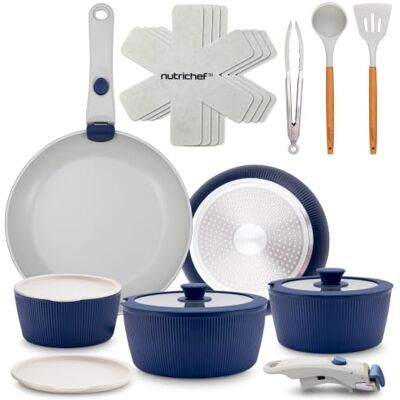 NutriChef Topfset 18 Teilig Keramik Blau mit Abnehmbaren Griffen Induktion Topf und Pfannenset Antihaft Platzsparend Stapelbar Ofenfest Alle Herdarten NutriChef Topfset 18 Teilig Keramik Blau mit Abnehmbaren Griffen Induktion Topf und Pfannenset Antihaft Platzsparend Stapelbar Ofenfest Alle Herdarten