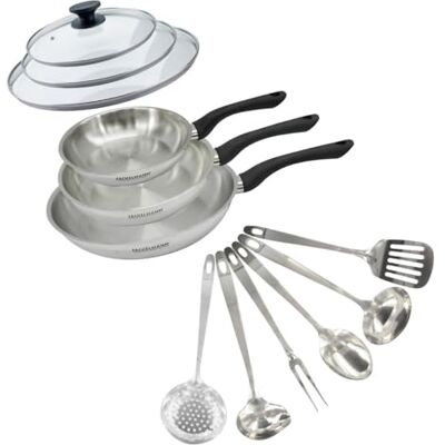 FACKELMANN 9445950 Pfannen-Set, 3 Pfannen 20, 24 und 28 cm, aus Edelstahl 18/8, 2 Glasdeckel und 6 Küchenutensilien, Pfanne für alle Herdarten, Induktion, Pfanne ohne PFAS, Edelstahl 18/8, Glas, 20 FACKELMANN 9445950 Pfannen-Set, 3 Pfannen 20, 24 und 28 cm, aus Edelstahl 18/8, 2 Glasdeckel und 6 Küchenutensilien, Pfanne für alle Herdarten, Induktion, Pfanne ohne PFAS, Edelstahl 18/8, Glas, 20