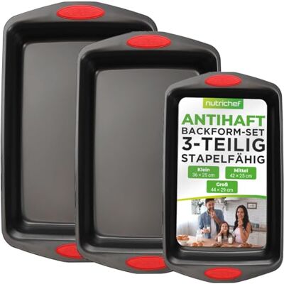 NutriChef Backblech Set 3-teilig – Antihaft Backformen aus Karbonstahl mit Silikongriffen, Grau Ofenfest bis 230 °C Frei von PFAS Auflaufform & Backblech für Cookies, Baguette, Kuchen NutriChef Backblech Set 3-teilig – Antihaft Backformen aus Karbonstahl mit Silikongriffen, Grau Ofenfest bis 230 °C Frei von PFAS Auflaufform & Backblech für Cookies, Baguette, Kuchen