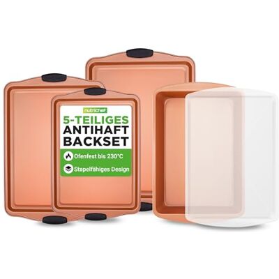 NutriChef Backbleche, 5 teiliges Set- Antihaft Ofenbleche in Verschiedenen Größen, Stapelbar, mit Hitzebeständige Silikongriffen, Bratblech mit Deckel, Leicht zu Reinigen, Kupfer NutriChef Backbleche, 5 teiliges Set- Antihaft Ofenbleche in Verschiedenen Größen, Stapelbar, mit Hitzebeständige Silikongriffen, Bratblech mit Deckel, Leicht zu Reinigen, Kupfer