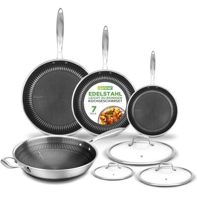 NutriChef Edelstahl Pfannenset 7-teilig – Bratpfannen 20 cm, 25 cm, 30 cm + Wok Triply Antihaft kratzfest induktionsgeeignet ofenfest und spülmaschinengeeignet mit Glasdeckeln NutriChef Edelstahl Pfannenset 7-teilig – Bratpfannen 20 cm, 25 cm, 30 cm + Wok Triply Antihaft kratzfest induktionsgeeignet ofenfest und spülmaschinengeeignet mit Glasdeckeln