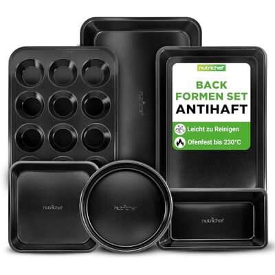 NutriChef Backformen-Set Schwarz– Backblech, Auflaufform, Muffin Backform, Brotbackform, Antihaft Karbonstahl Ofenfest bis 230 °C, Spülmaschinenfest, Stapelbar – Eckig & Rundes Backset, PFOA-frei NutriChef Backformen-Set Schwarz– Backblech, Auflaufform, Muffin Backform, Brotbackform, Antihaft Karbonstahl Ofenfest bis 230 °C, Spülmaschinenfest, Stapelbar – Eckig & Rundes Backset, PFOA-frei