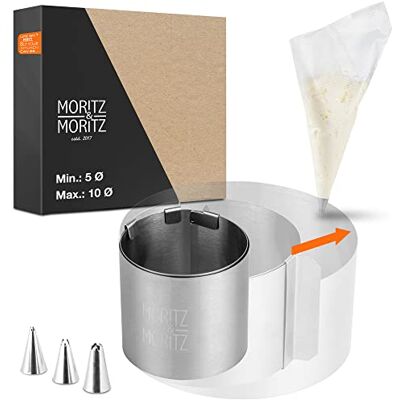 Moritz & Moritz Tortenring Verstellbar 5cm hoch Ø 5cm bis 10cm – Edelstahl Tortenring rund – Backring verstellbar mit Backzubehör – Mit 10 Spritzbeuteln und 3 Aufsätzen Moritz & Moritz Tortenring Verstellbar 5cm hoch Ø 5cm bis 10cm – Edelstahl Tortenring rund – Backring verstellbar mit Backzubehör – Mit 10 Spritzbeuteln und 3 Aufsätzen