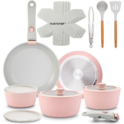 NutriChef Topfset 18 Teilig Keramik Rosa mit Abnehmbaren Griffen Induktion Topf und Pfannenset Antihaft Platzsparend Stapelbar Ofenfest Alle Herdarten NutriChef Topfset 18 Teilig Keramik Rosa mit Abnehmbaren Griffen Induktion Topf und Pfannenset Antihaft Platzsparend Stapelbar Ofenfest Alle Herdarten