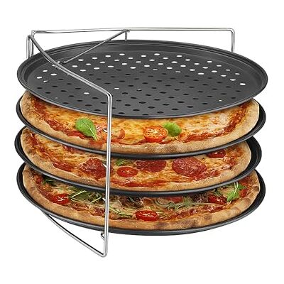 Relaxdays Pizzablech, 4er Set, mit Gestell, antihaftbeschichtet, Carbonstahl, Knusperblech mit Löchern, anthrazit/Silber Relaxdays Pizzablech, 4er Set, mit Gestell, antihaftbeschichtet, Carbonstahl, Knusperblech mit Löchern, anthrazit/Silber