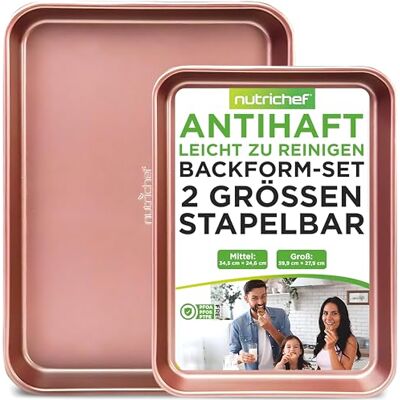 NutriChef Backblech Set 2-teilig Antihaft 40x28cm + 35.5x24.6cm Roségold – Ofenfest bis 230°C PFOA-frei Stapelbar & Spülmaschinengeeignet NutriChef Backblech Set 2-teilig Antihaft 40x28cm + 35.5x24.6cm Roségold – Ofenfest bis 230°C PFOA-frei Stapelbar & Spülmaschinengeeignet