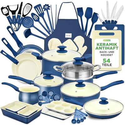 NutriChef Kochgeschirr Set 54-tlg – Pfannen, Töpfe, Küchenhelfer Blau– Mit Messer, Backformen, Zubehör – Für Induktion, Gas und Elektro – Gesund und fettarm kochen NutriChef Kochgeschirr Set 54-tlg – Pfannen, Töpfe, Küchenhelfer Blau– Mit Messer, Backformen, Zubehör – Für Induktion, Gas und Elektro – Gesund und fettarm kochen