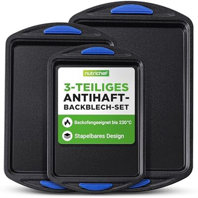 NutriChef Backblech Set 3-teilig – Antihaft Ofenbleche Blau mit Silikongriffen, 45.5x27 cm, 40x25 cm, 35x22 cm PFOA-frei, stapelbar und langlebig, rutschfest, gut für Pizza, Kuchen, Brot, Blau/Schwarz NutriChef Backblech Set 3-teilig – Antihaft Ofenbleche Blau mit Silikongriffen, 45.5x27 cm, 40x25 cm, 35x22 cm PFOA-frei, stapelbar und langlebig, rutschfest, gut für Pizza, Kuchen, Brot, Blau/Schwarz