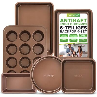 NutriChef Backformen-Set Braun – Backblech, Auflaufform, Muffin Backform, Brotbackform, Antihaft Karbonstahl Ofenfest bis 230 °C, Spülmaschinenfest, Stapelbar – Eckig & Rundes Backset, PFOA-frei NutriChef Backformen-Set Braun – Backblech, Auflaufform, Muffin Backform, Brotbackform, Antihaft Karbonstahl Ofenfest bis 230 °C, Spülmaschinenfest, Stapelbar – Eckig & Rundes Backset, PFOA-frei