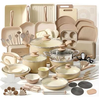 NutriChef Set mit 75 Antihaft-Pfannen und -Töpfen, Komplettes Set aus Keramik-Küchenutensilien mit Backzubehör, Messer-Set und Zubehör, fleckenbeständig, lebensmittelsicher, Creme/Braun NutriChef Set mit 75 Antihaft-Pfannen und -Töpfen, Komplettes Set aus Keramik-Küchenutensilien mit Backzubehör, Messer-Set und Zubehör, fleckenbeständig, lebensmittelsicher, Creme/Braun