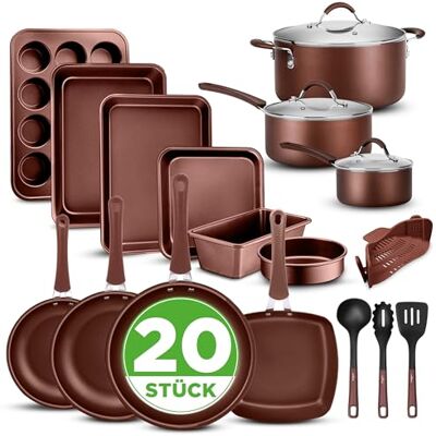 NutriChef Topf- & Pfannenset Induktion 20-teilig Braun – Antihaft-Kochgeschirr mit Deckeln & Backformen in Braun PFOA-frei, für gesundes Kochen & Backen, Aluminium Töpfe & Pfannen, für alle Herdarten NutriChef Topf- & Pfannenset Induktion 20-teilig Braun – Antihaft-Kochgeschirr mit Deckeln & Backformen in Braun PFOA-frei, für gesundes Kochen & Backen, Aluminium Töpfe & Pfannen, für alle Herdarten
