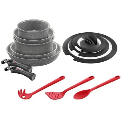 BALLARINI Torre Bratpfannen- und Stieltopf-Set + Küchenhelfer aus Silikon, 13 tlg, Keramikbeschichtung, Induktionsgeeignet, Abnehmbare Griffe, Deckel mit einklappbaren Griffen, Aluminium, Grau BALLARINI Torre Bratpfannen- und Stieltopf-Set + Küchenhelfer aus Silikon, 13 tlg, Keramikbeschichtung, Induktionsgeeignet, Abnehmbare Griffe, Deckel mit einklappbaren Griffen, Aluminium, Grau