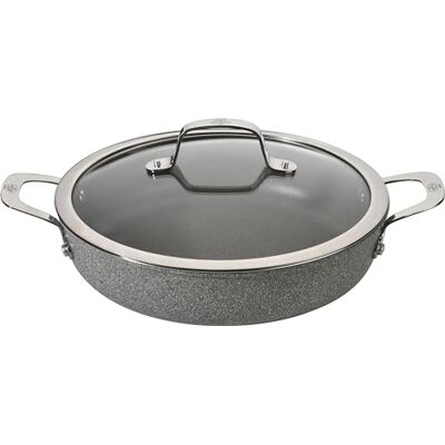 BALLARINI Salina Servierpfanne aus Aluminium mit 2 Griffen + Glasdeckel, 28 cm, Antihaftbeschichtung, für alle Herdarten, Grau BALLARINI Salina Servierpfanne aus Aluminium mit 2 Griffen + Glasdeckel, 28 cm, Antihaftbeschichtung, für alle Herdarten, Grau