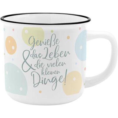 GRUSS & CO Becher Motiv "Genieße" New Bone China Porzellan, Emaille-Optik, 35 cl Geschenk lustig, fürs Osternest 73932 GRUSS & CO Becher Motiv "Genieße" New Bone China Porzellan, Emaille-Optik, 35 cl Geschenk lustig, fürs Osternest 73932