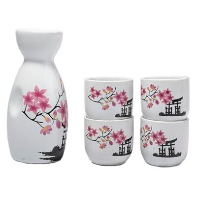 lachineuse Traditionelles Sake-Service – Pagode und Kirschblüten – mit 4 Schalen & Karaffe – asiatisches Geschirr – traditionelles Saké-Service aus japanischem Porzellan – Geschenkidee für Asien lachineuse Traditionelles Sake-Service – Pagode und Kirschblüten – mit 4 Schalen & Karaffe – asiatisches Geschirr – traditionelles Saké-Service aus japanischem Porzellan – Geschenkidee für Asien